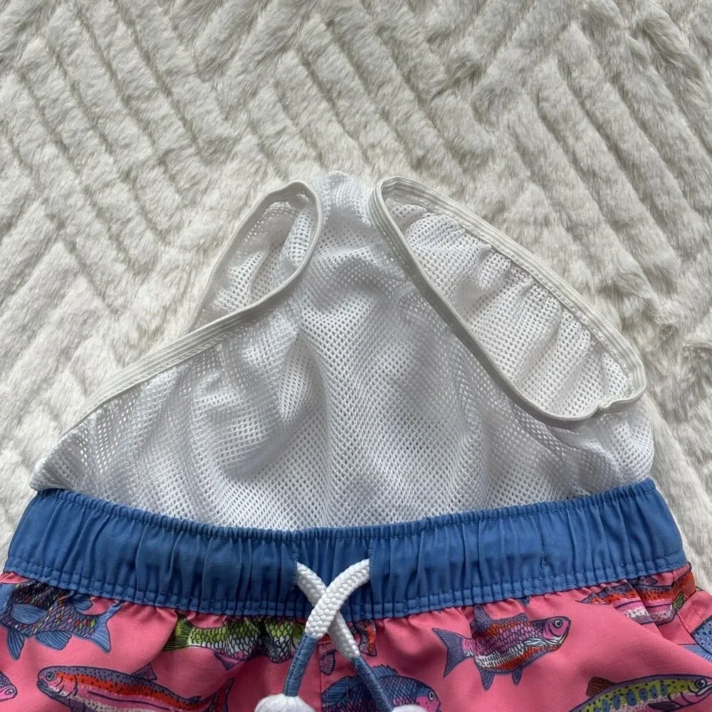 Mini Boden Boys 2-3Y Pink Fish Print Swim Trunks Beach Swim Shorts UPF